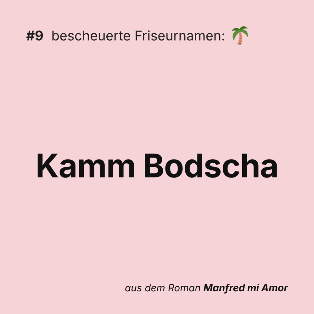 Social-Media-Kachel: bescheuerte Friseurnamen Nummer 9, Kamm Bodscha, aus dem Roman Manfred mi Amor